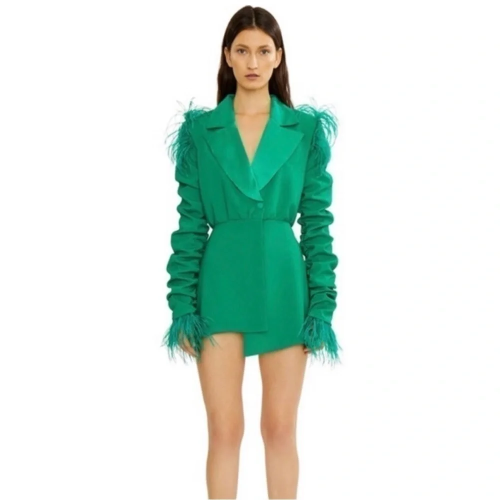 Danielle Guizio- Green Asymmetrical Blazer Dress W Ruched Sleeve Feathers Size M